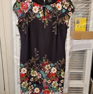 Black/dark brown multicolored floral border print knit and lace dress, L